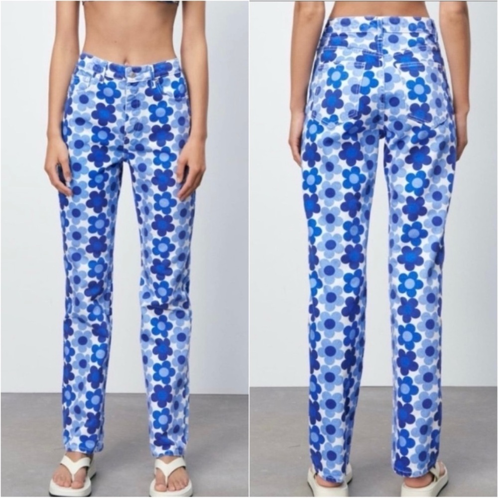Zara Jeans Straight Leg High Rise Daisy Print Boho Hippie Floral Blue White 4